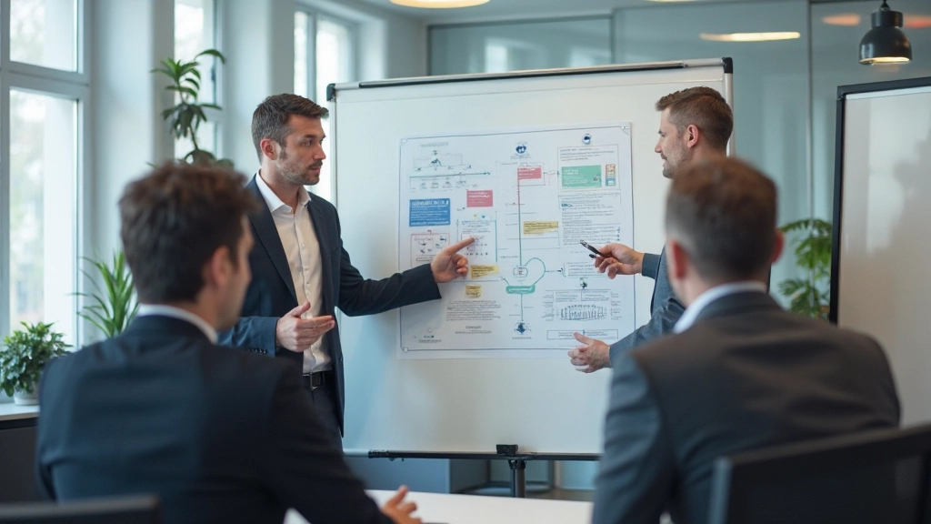 Professional consultants analyzing digital transformation strategy in modern boardroom