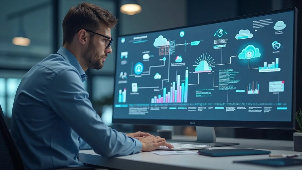 Cloud architect designing enterprise infrastructure solution on interactive display panel