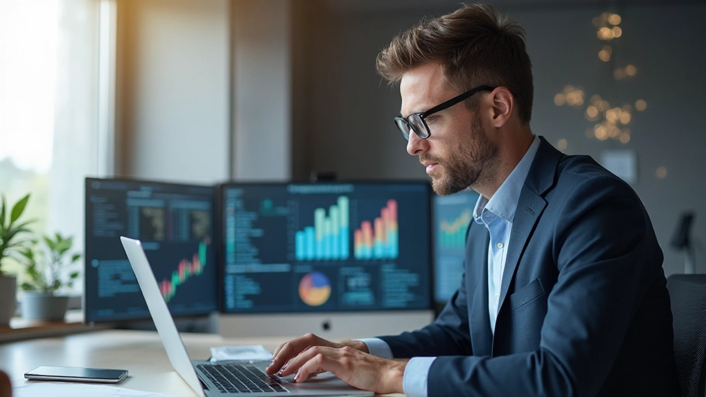 Professional consultant analyzing business analytics on laptop with multiple data visualizations displayed