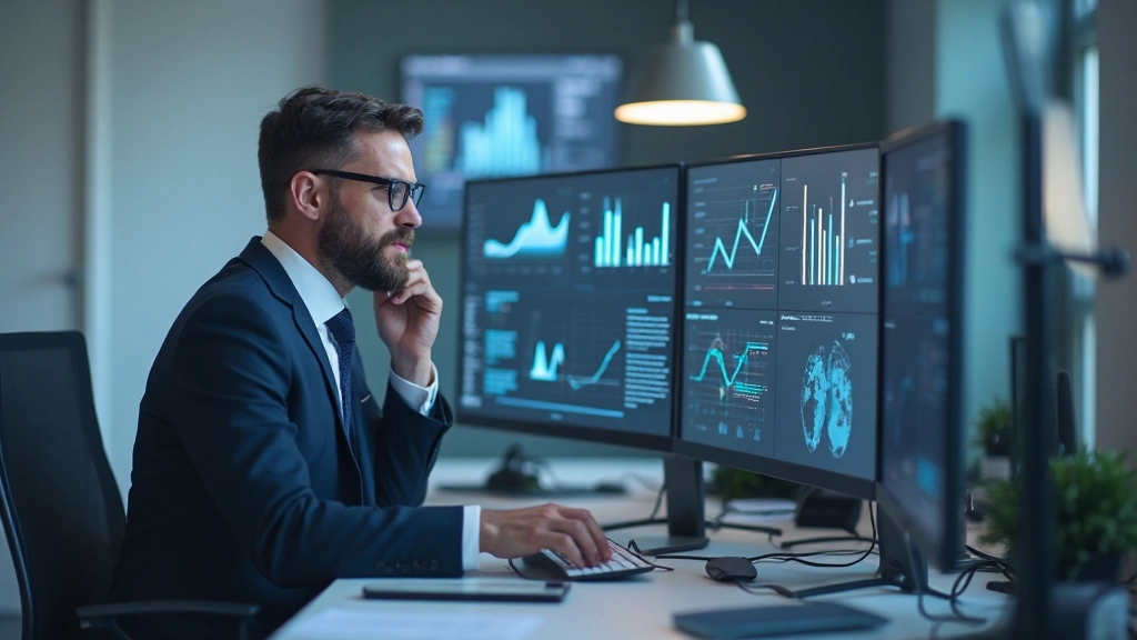 Business consultant analyzing digital transformation metrics and KPI dashboards on computer workstation