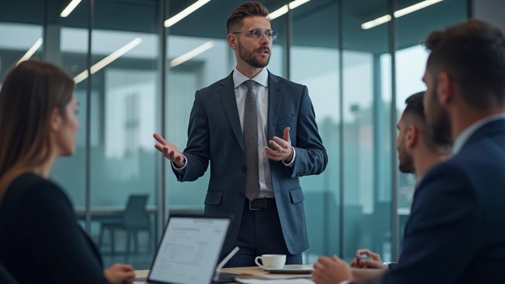 Consultant presenting insights to executives in boardroom with visualization screens showing data trends