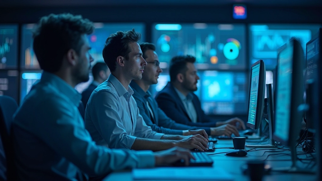 Professional team analyzing cybersecurity framework on digital screens in modern security operations center