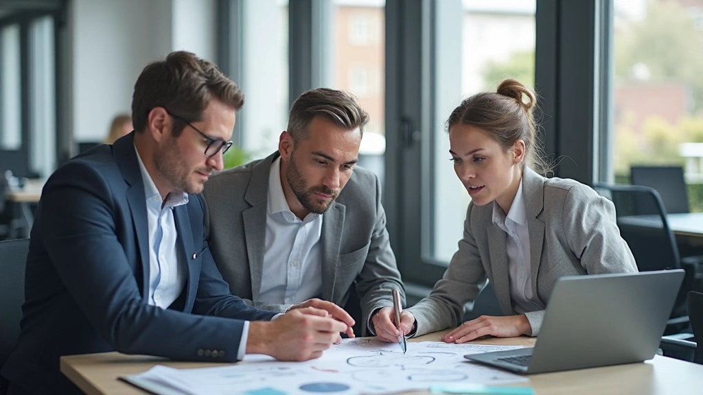 Business team collaborating around cloud architecture diagram on digital whiteboard in modern office environment