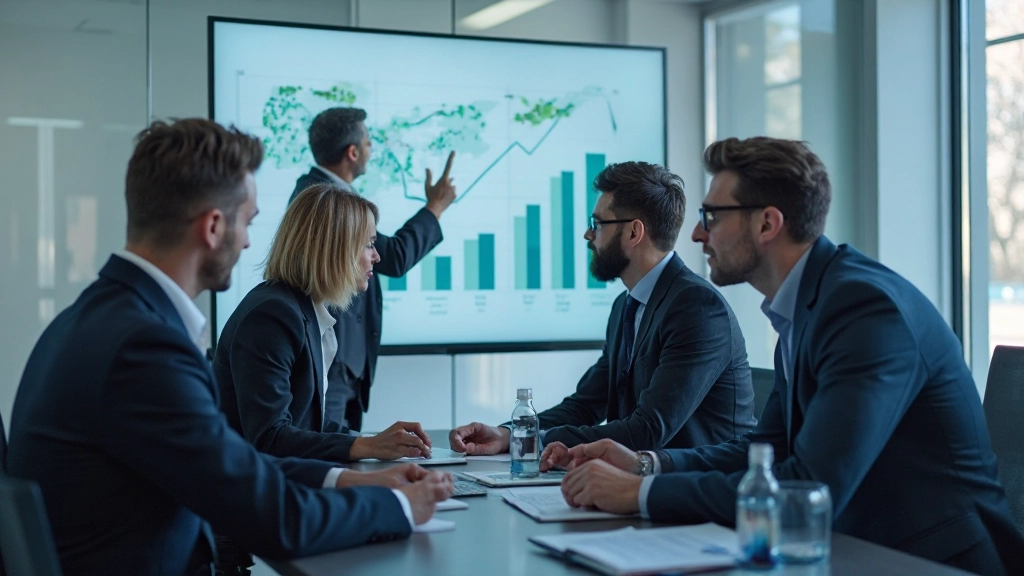 Professional team analyzing digital transformation strategy in modern office environment with analytics displays