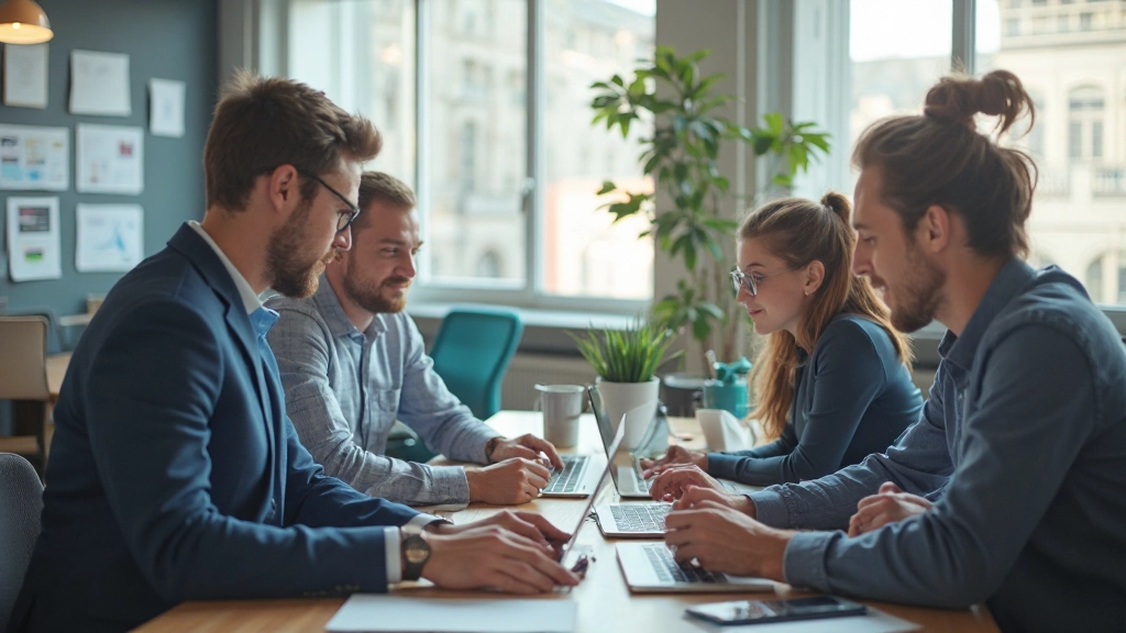 Modern office environment showing successful technology transformation with collaborative teams and digital solutions in operation