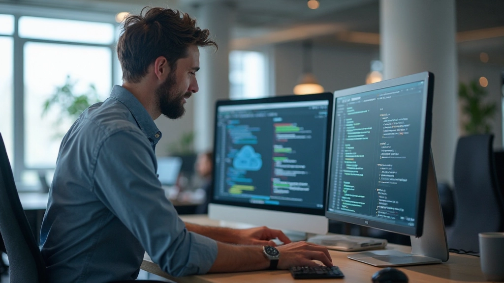 Software engineers collaborating on cloud infrastructure project at standing desk with multiple monitors showing code and deployment dashboards