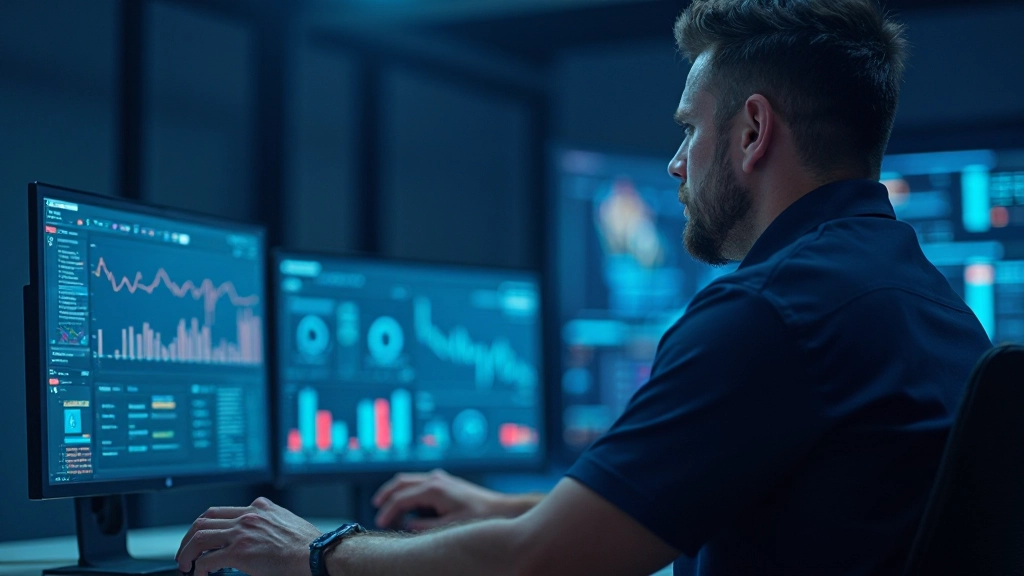 Security analyst monitoring cybersecurity dashboard with threat detection alerts and compliance metrics in secure operations center
