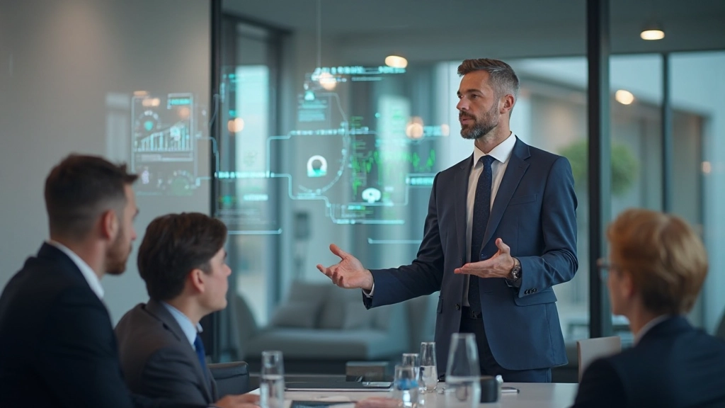 Security consultant explaining risk matrix and mitigation strategies to management team in conference room