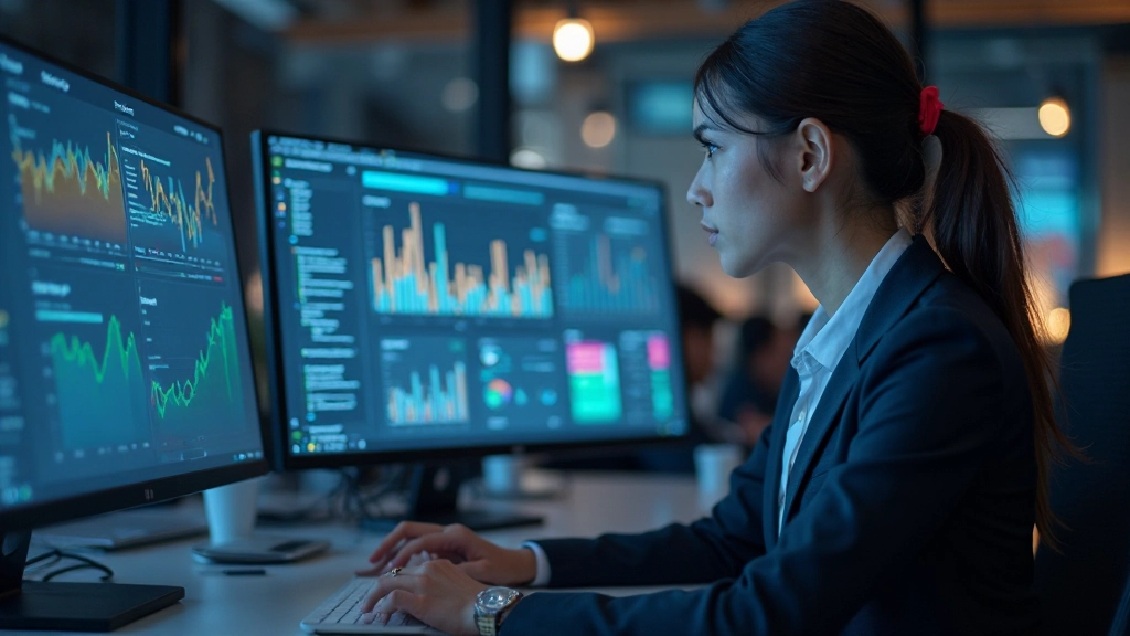 Business analyst examining data visualization dashboard and performance metrics