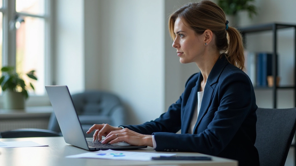 Professional consultant analyzing business strategy metrics on laptop screen